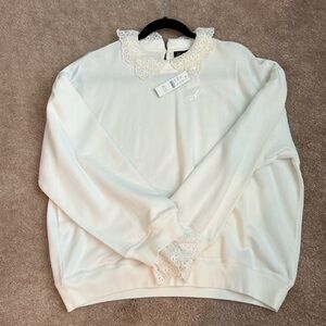 J. Crew Ivory Lace Collar Sweatershirt
